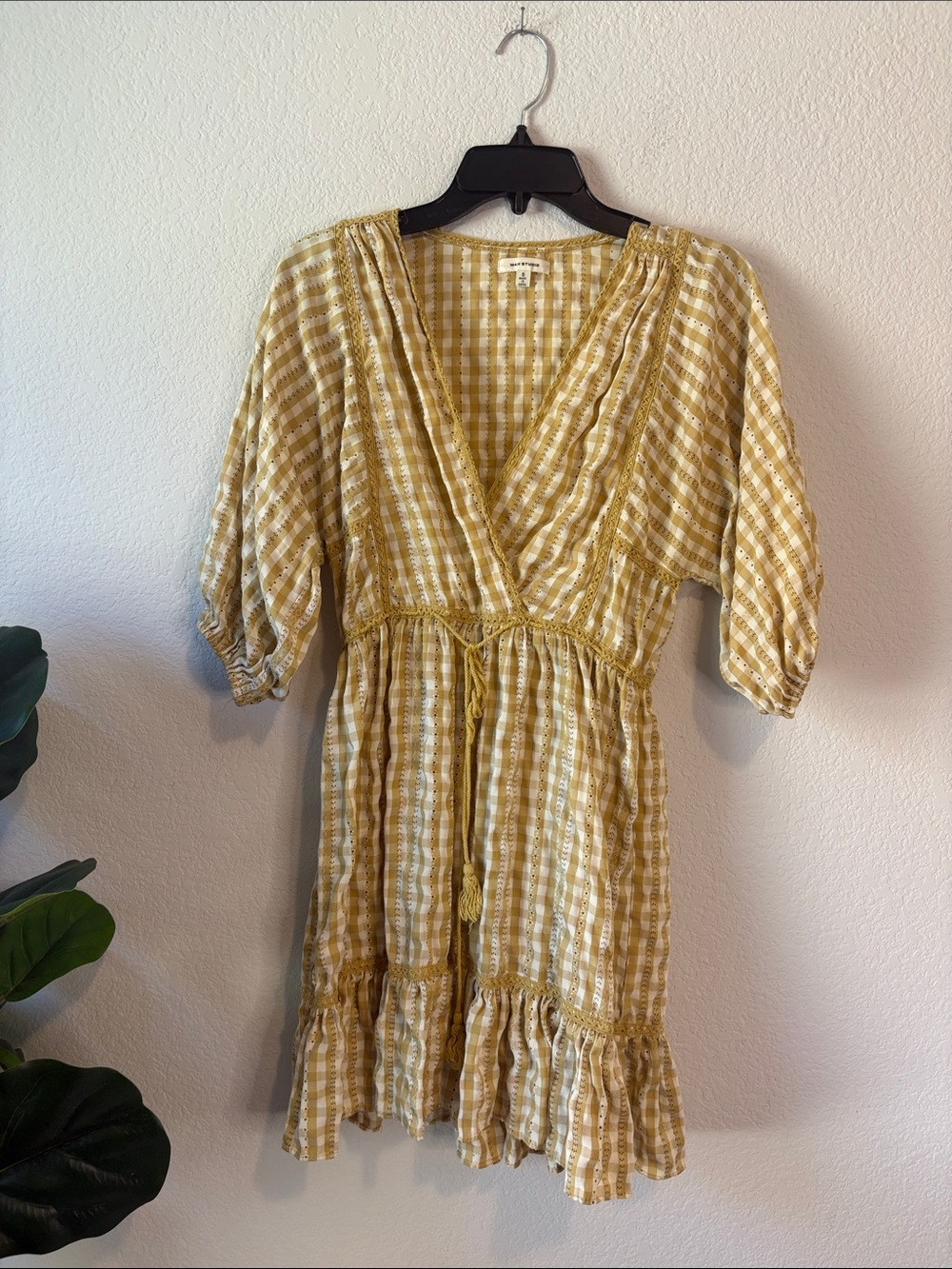 Max Studio Mustard Yellow Gingham V-Neck Tiered Dress with drawstring waist S